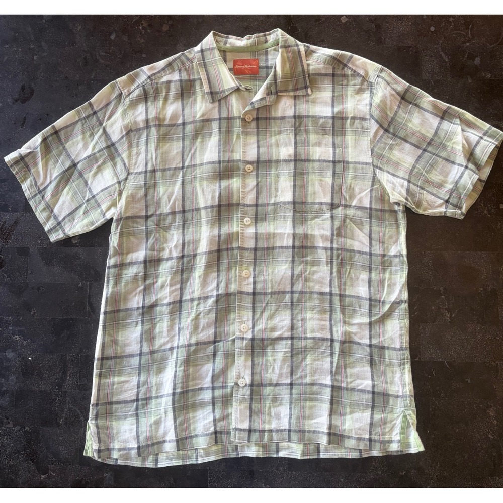 Tommy Bahama Men L 100% Linen Plaid Short Sleeve Button Down Camp Shirt Green